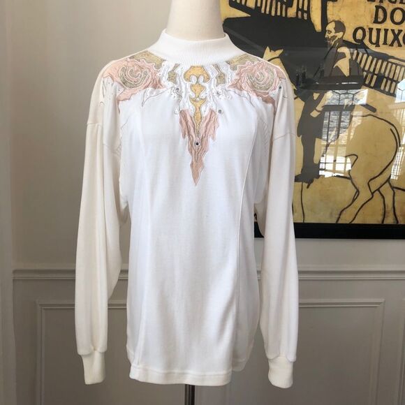 Vintage 80s 90s Mock Neck Appliqué Bling Top L - Picture 2 of 11